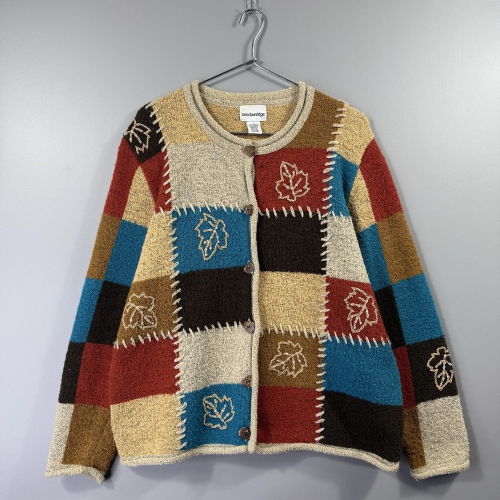 Breckenridge Sweater Womens Large Multicolor Beaded Leaf Patchwork Cardigan Knit